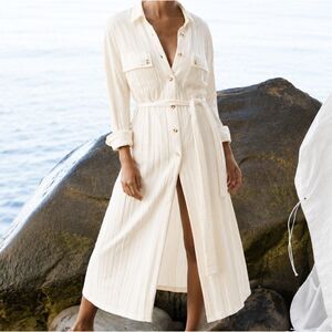 Callahan 100% Cotton Ribbed Knit Belted Midi Shirt Dress Large